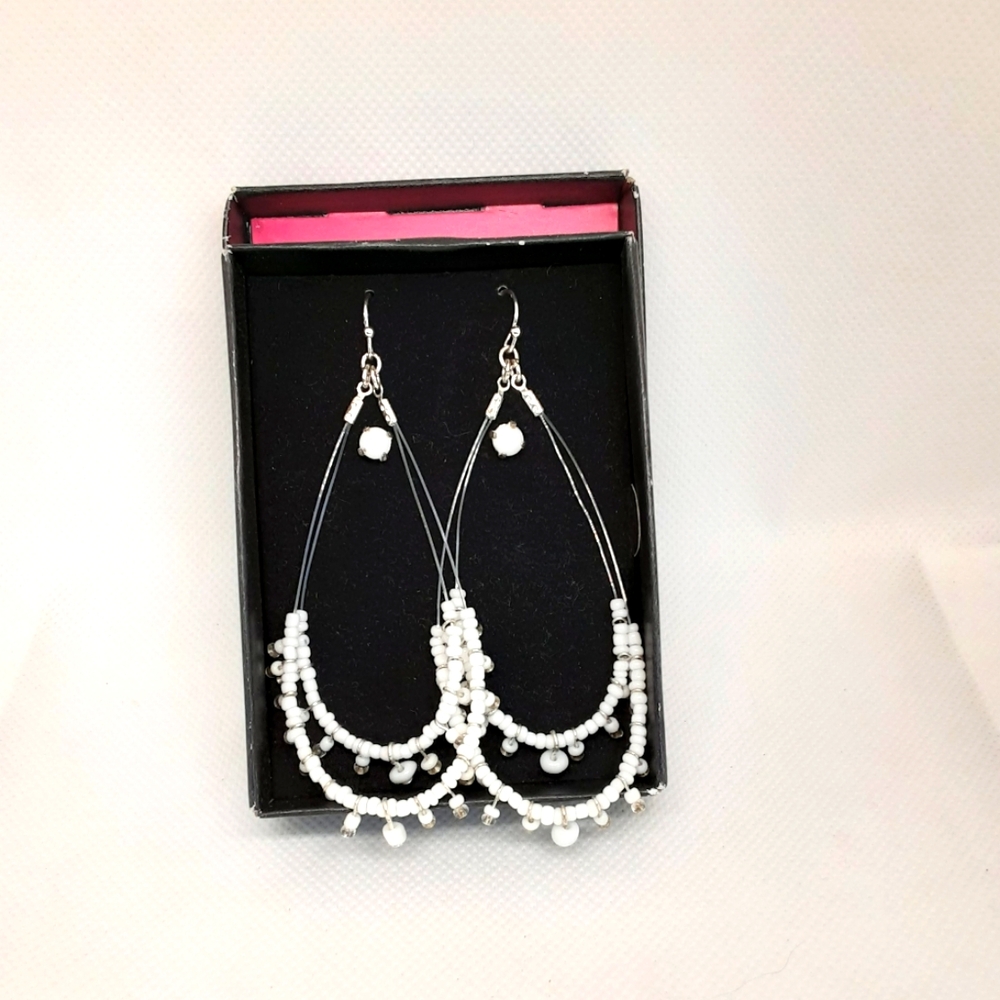 2 Pairs Avon Bohemian Princess Earrings Long White Beaded Hoops + Studs 2-pack